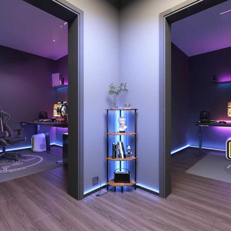 4 Tier Corner Shelf With LED Light,Bookcase For Small Spaces