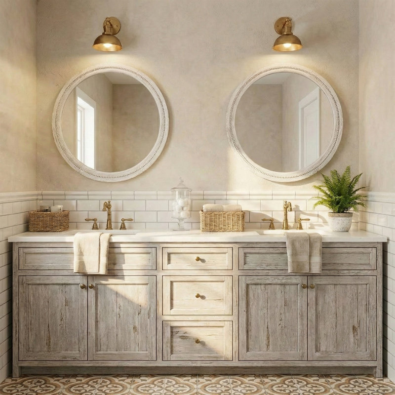 Solid Wood Round Decorative Wall Mirror, 30" x 30", Antique White
