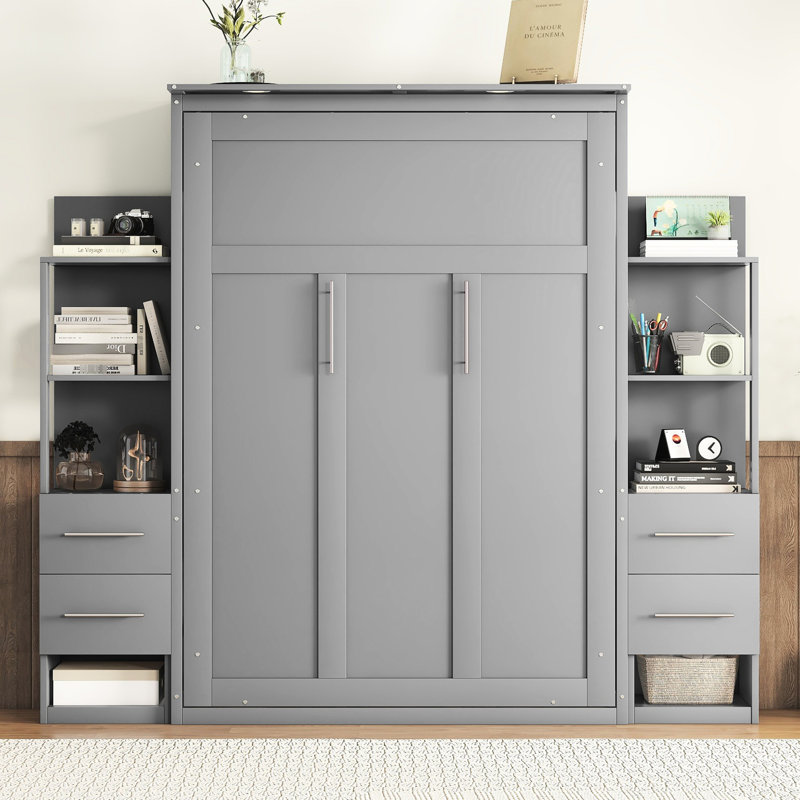 Lit avec garde-robe latérale et rangement de tiroir - Utilisez l'espace à bon escient, Double, Gris