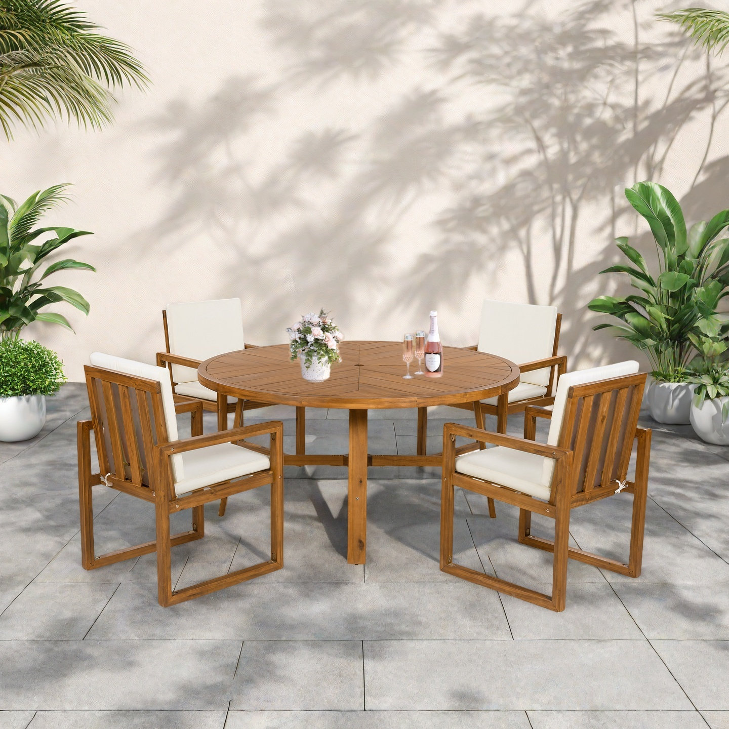 ModernLuxe 5 Piece Solid Wood Round Outdoor Patio Dining Set With ...