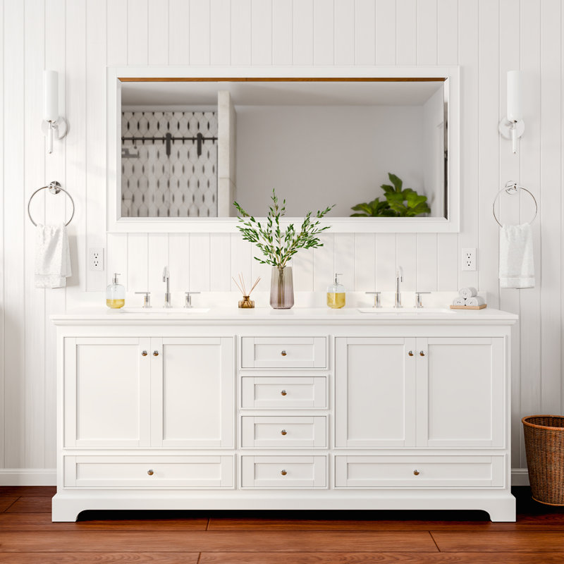 Ensemble de meuble-lavabo double Deborah, Blanc avec garniture chrome poli, Comptoir en marbre de culture blanc