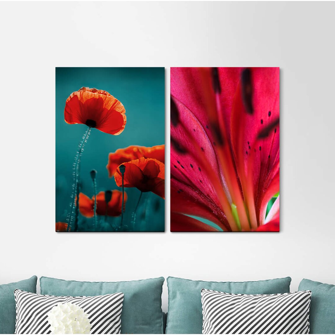 2-tlg. Leinwandbilder-Set - Grafikdruck „Poppy Flower Lily Red Beautiful”