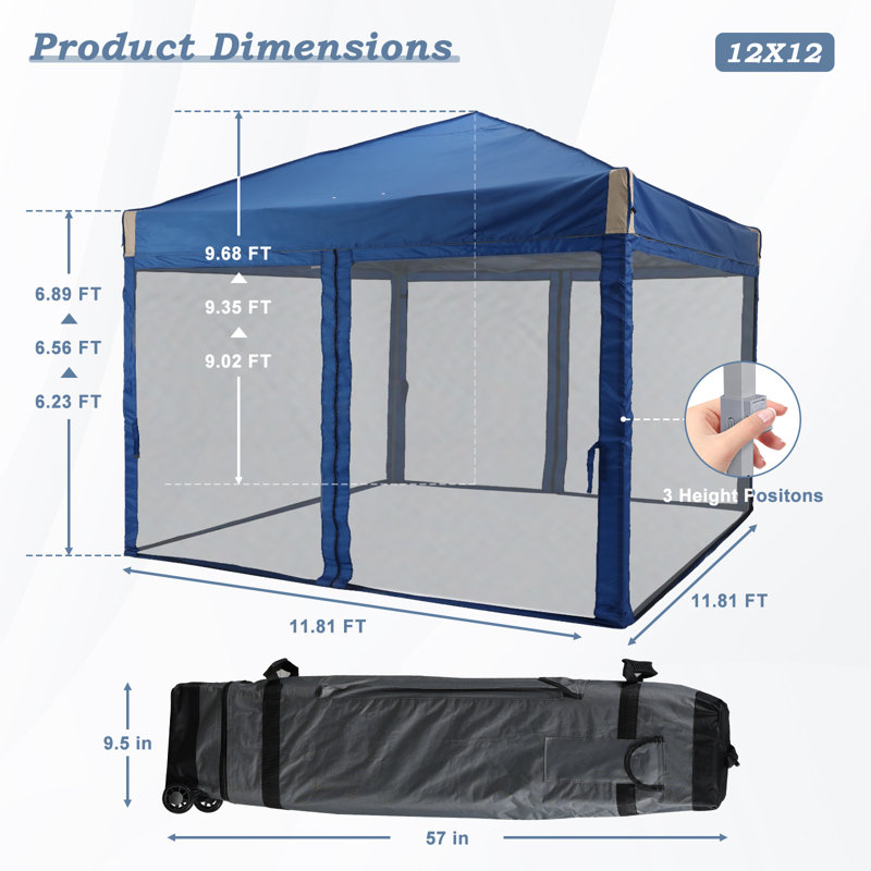 Iron Pop-up Canopy with Removable Mesh Sidewalls and Roller Bag, 12 Ft. W x 12 Ft. D, Blue
