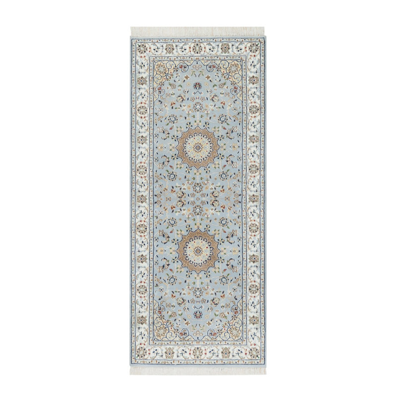 Tapis de couloir bleu en laine et en soie noué à la main 2 pi 8 po x 6 pi 6 po Nain