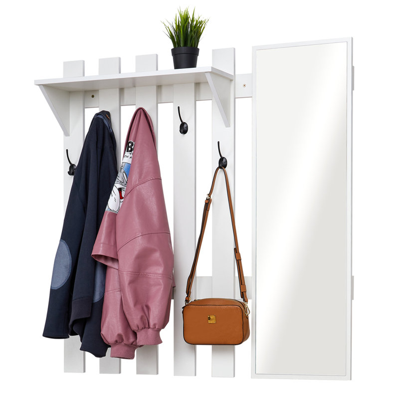 Portemanteau de style moderne avec 5 crochets et miroir, Blanc