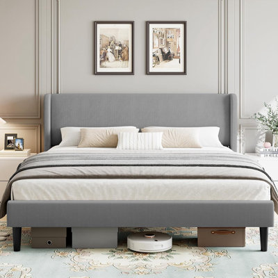 Platform Bed Frame With Upholstered Wingback Headboard, No Box Spring Needed