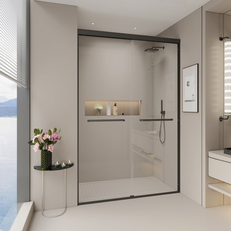 44-48 In. W X 72 In. H Double Sliding Shower Door, Semi-Frameless Bypass Bathroom Sliding Door With 1/4" (6Mm) Tempered Glass For Walk-In Shower, Matte Black 24D03-48MBX