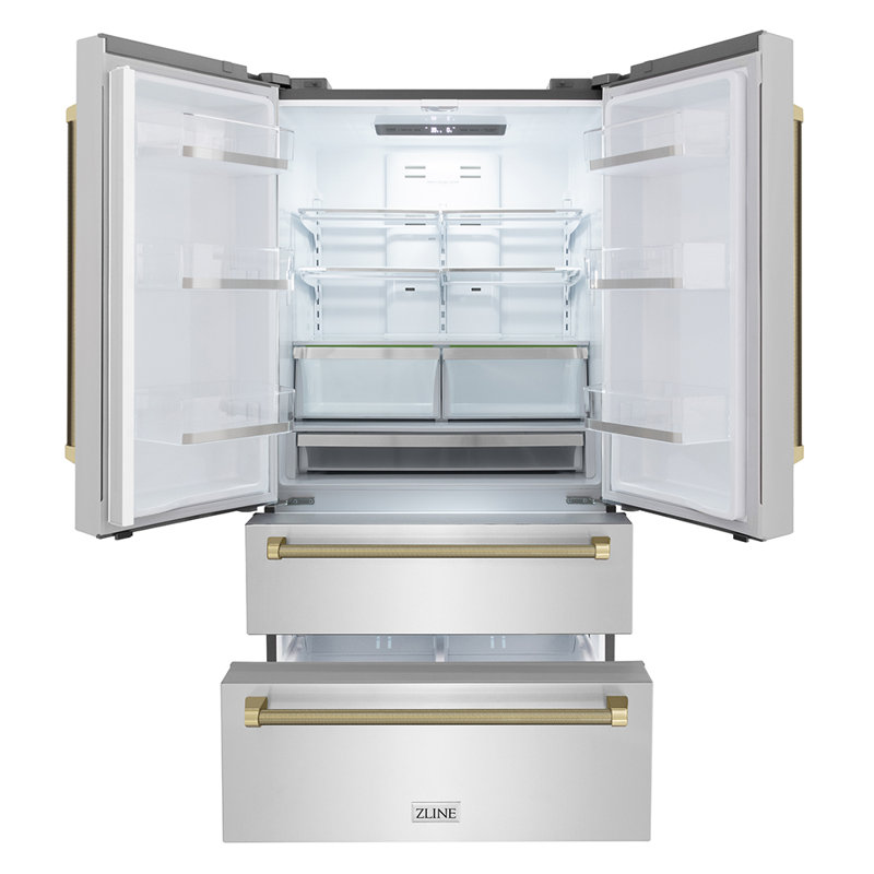 ZLINE Autograph 36 in. Counter-Depth Refrigerator in Stainless Steel and Nickel Helix Handles, Champagne Bronze