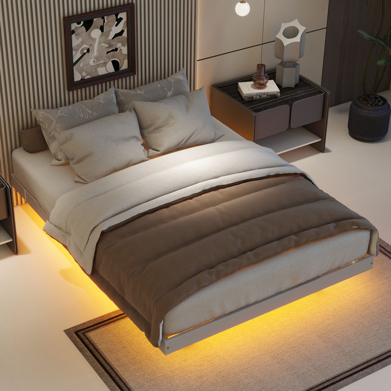 Floating Bed with LED Lights, Gray, Full