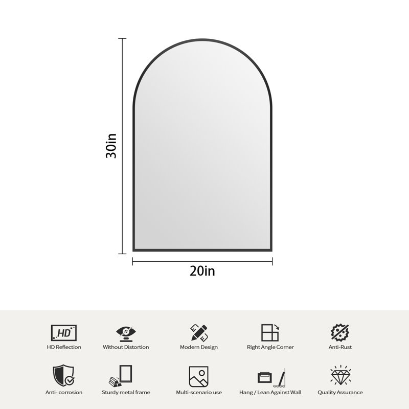 Easy To Install Tempered Glass Arched Black Frame Bathroom Mirror 2 Sets, 30" x 20"