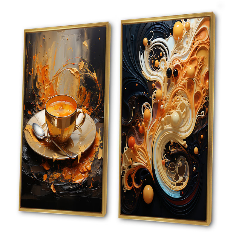 Abstrait «Aromes Coffee Dream» - ensemble de salon mural café et thé, Encadrement doré, H 40 po x l 41 po