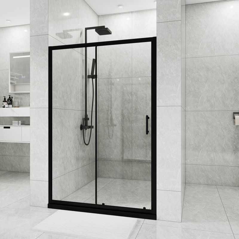 46.5 In. -48 In. W × 72 In. H Sliding Shower  With1/5"  Thick Clear Tempered Glass In Matt Black |    Stainless Steel Handle