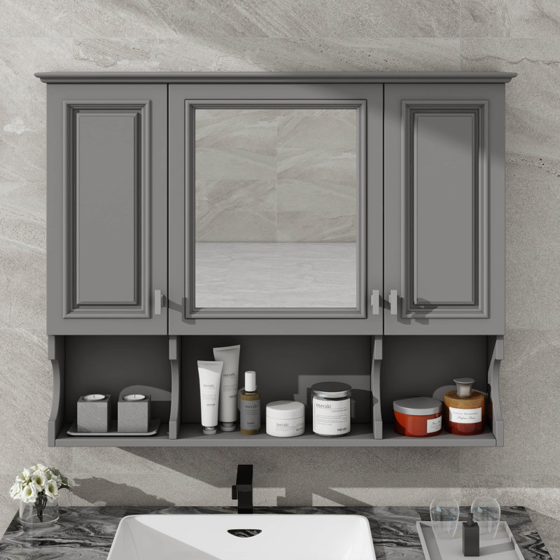 Armoire murale de salle de bain 35 po x 28 po avec trois portes en miroir et une étagère ouverte, unité de rangement pour médicaments