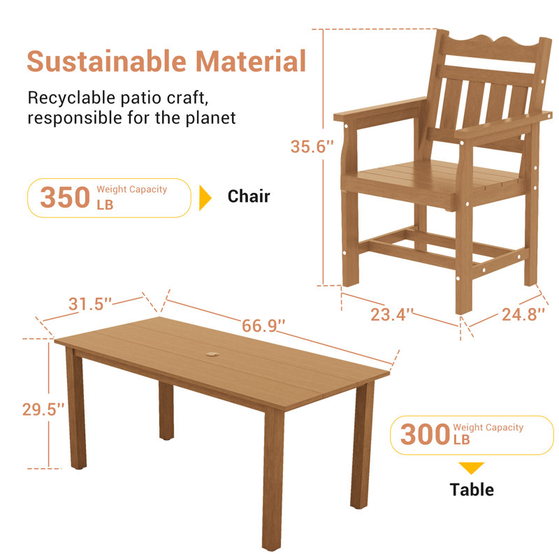 7 Piece HIPS Weather-Resistant Patio Dining Set with Umbrella Hole, Heavy Duty Dining Table Set for 6, Easy Assembly Patio Table and Chairs for Patio, Yard, Poolside