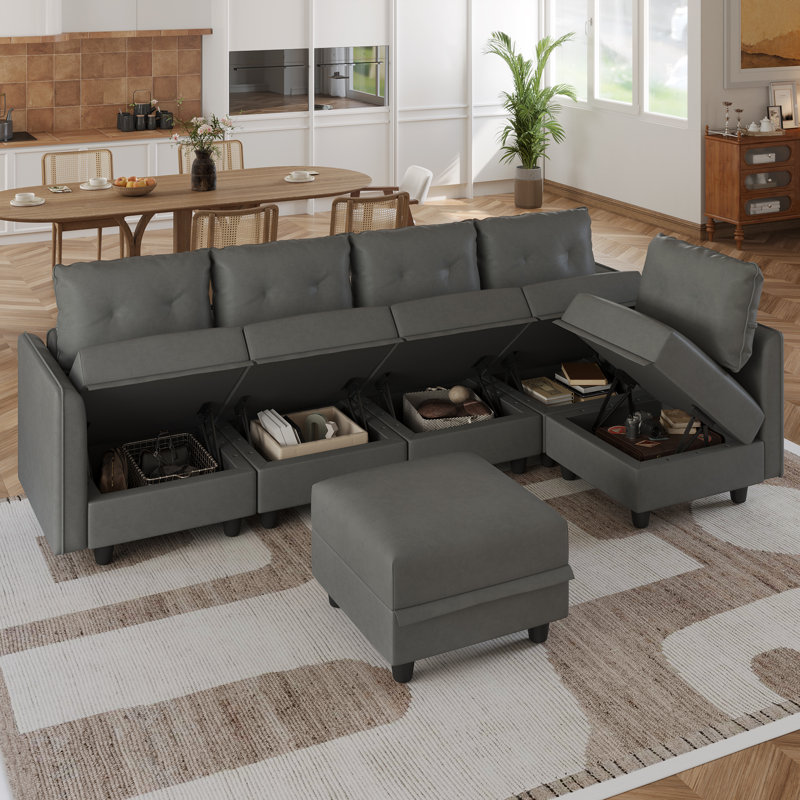 Canapé modulaire réversible avec repose-pieds Bresee, Similicuir gris, H 34 po x l 112 po x P 56 po