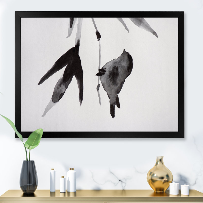 Oiseau japonais rétro sur une branche - peinture sur toile, H 34 po x l 44 po, Cadre noir