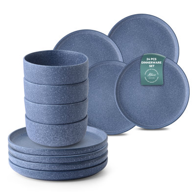 Ozetta 24-Piece Stoneware Dinnerware Set, Reactive Glaze, Service For 8, Speckled Indigo (Includes Dinner Plates, Salad Plates, and Cereal Bowls)