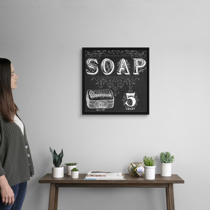«Chalkboard Bath Signs I», reproduction d'impression sur toile, H 21,7 po x l 21,7 po x P 1,75 po, Cadre flottant noir