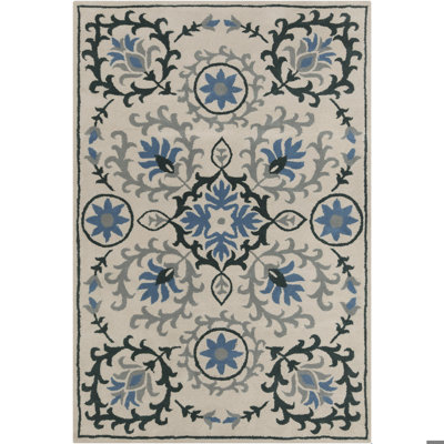 Hocker Authentic Hand-Tufted Handmade Cream, Dark Teal, Gray & Blue Transitional Floral Medallion Wool Area Rug