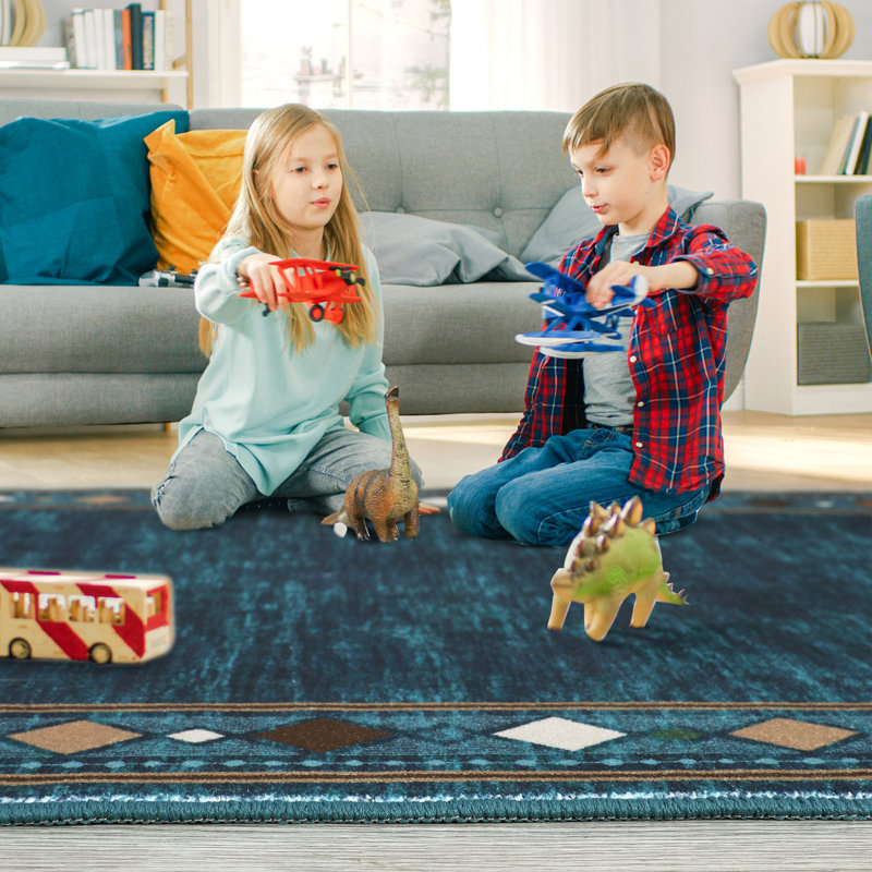 Modern Machine Washable Rugs Bordered Design Non-Slip Low Pile Rubber Backing Indoor Area Rug for Living Room Bedroom Kitchen Dining Room