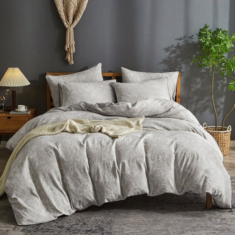 Ensemble de housse de couette Waffle Weave, Feuilles grises, Housse de couette pour très grand lit et 2 taies 