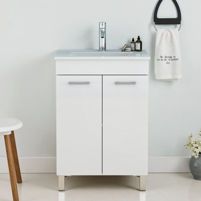 Glossy White 24-Inch Bath Vanity with Ceramic Sink, Cabinet & Soft-Close Doors