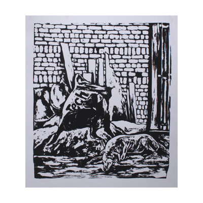 Slum Dogs | Linocut On Cartridge | By Deepa Kushwaha