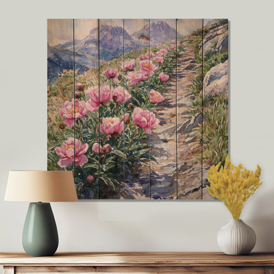 Pivoines le long du sentier de montagne III - impression de pivoines sur bois de pin naturel