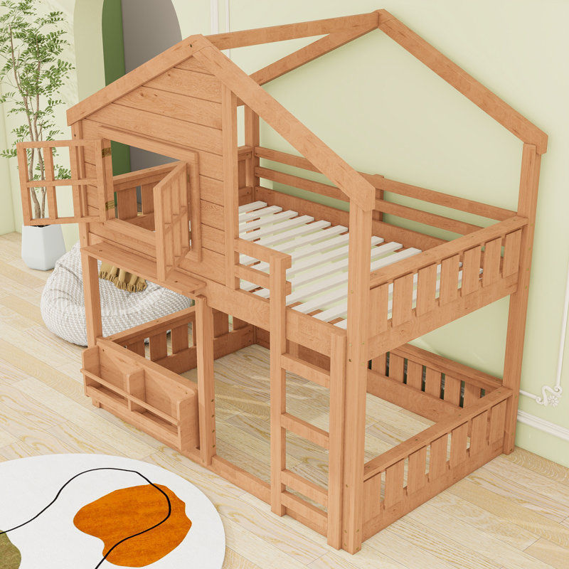 Wood House Bunk Bed with Ladder, Full over Full