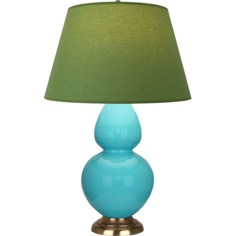 Lampe de table double gourde en céramique, Thé vert / taupe, Bleu œuf glacé / laiton, Laiton