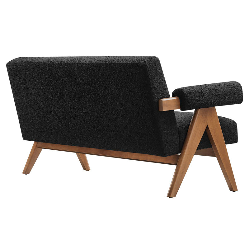 Lyra Black Boucle Fabric Loveseat with Wood Legs