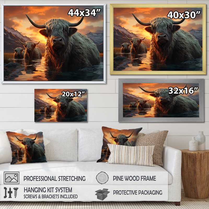 «Expressionist Yaks Horizon» sur toile, Cadre naturel flottant, H 12 po x l 20 po
