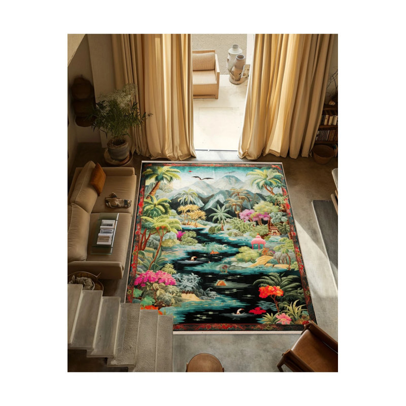 Tapestry Design Multicolored Tropical Forest Patterned Vintage Decorative Rug, Rectangle 3'4" x 5'