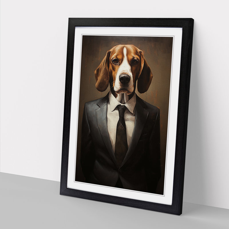 Beagle In A Suit - Single Picture Frame Print on Wood, 64cm H x 46cm W x 2cm D, Black Framed