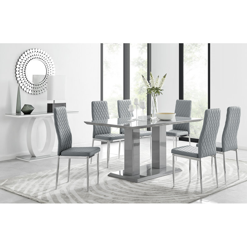 Ensemble de salle à manger 7 pièces en bois ultrabrillant avec 6 chaises rembourrées et table rectangulaire, Gris