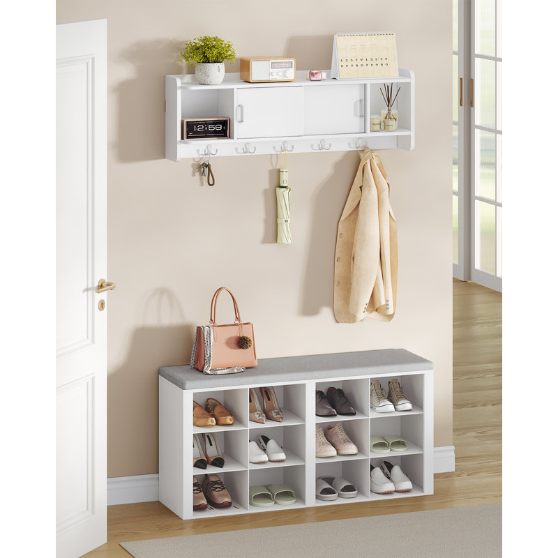 Coat Hooks Wall Mounted, Coat Rack with Shelf, 4 Storage Compartment, 5 Hooks, Multifunctional Wall Rack with Sliding Door for Hallway, Bedroom, Living Room, 15 x 101 x 33 cm, White