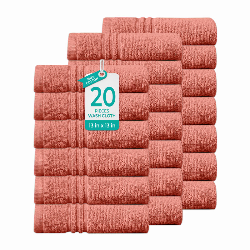 Ensemble de serviettes de bain 100% coton 100% coton zéro torsion Robbs Home Weavers Robbin, 13 po x 13 po (20) (20 serviettes de toilette), corail