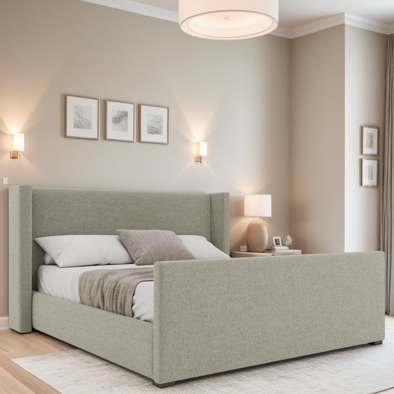 Irenne Luxe Footboard Low Upholstered Bed, Linen Latte, Queen