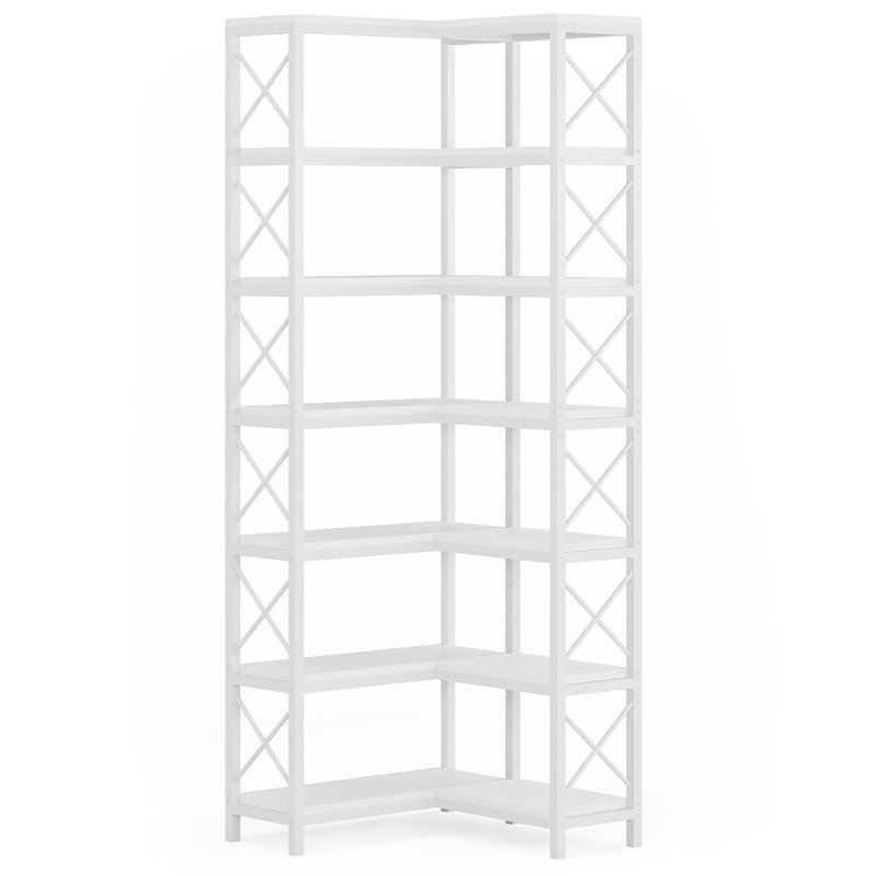 79.53" Tall 7-Tier Large Corner Bookshelf,White Wood & Metal Tall Storage Bookcase For Living Room Home Office, White