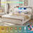 Farmhouse Bed Frame With Led Lights And Charging Station, Wooden Platform Bed With 2 Storage Drawers, Rustic Accent Headboard With Sliding Barn Door Storage Cabinets, White-1310404670-1283342779