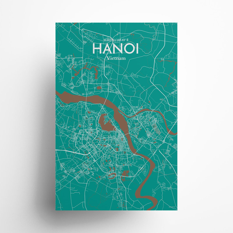 Hanoi, carte de la ville, impression, H 17 po x l 11 po, Vert / Brun