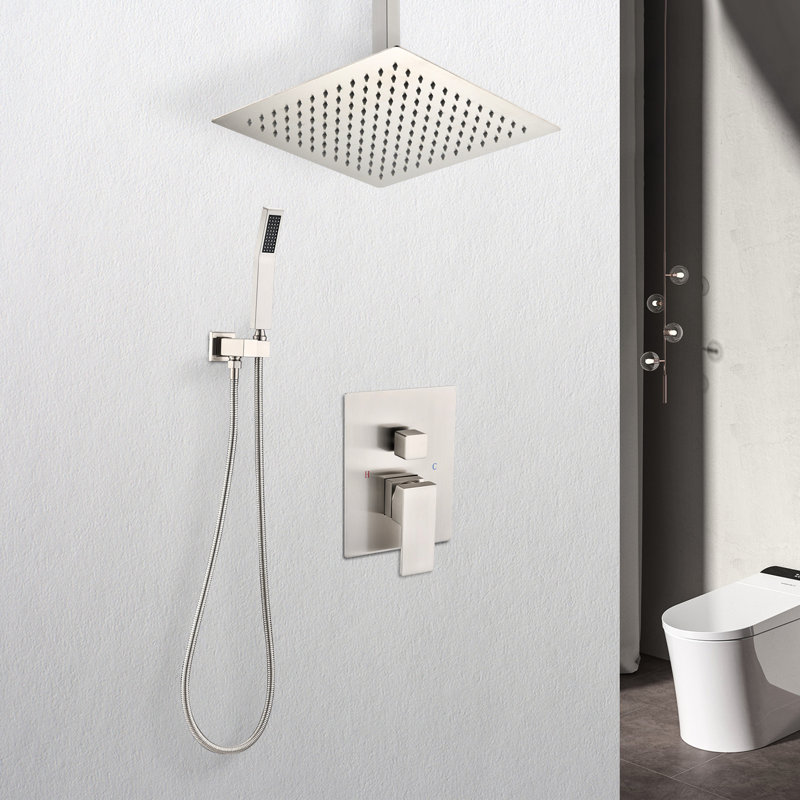 Brushed Nickel Ceiling Mount Shower Assembly Kit . 10" Head & Handheld. Natural Rainfall Feeling. Self-Cleaning Nozzle. Bathroom . Brass Construction Mounted System In Nickel. Simulation. For