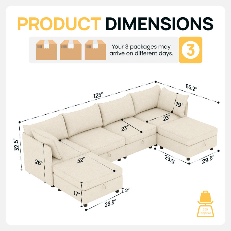 Canapé modulaire 6 places avec rangement caché, canapé convertible avec coussins moelleux, Polyester beige