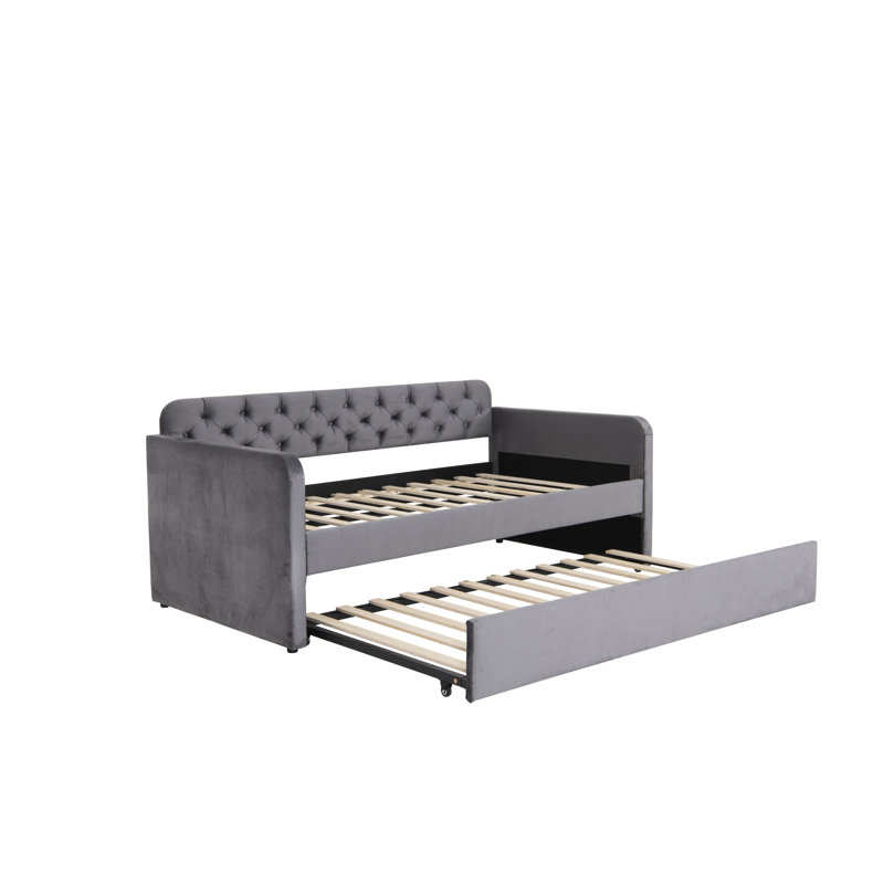 Dark Grey Velvet Twin Bed With Trundle And - Comfortable Bedroom Decor Pull-Out, Dark Gray