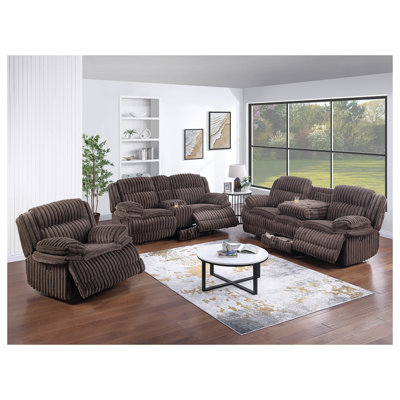 Manual Motion Loveseat Recliner with Console, Cup Holders and Storage Drawer in Chocolate Corduroy Upholstery