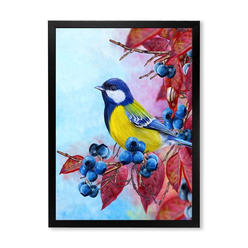 Bouvreuil lumineux assis sur une branche II - impression sur toile, H 32 po x l 16 po x P 1,5 po, Toile avec cadre noir
