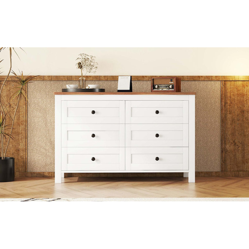 Commode 6 tiroirs, Blanc / brun