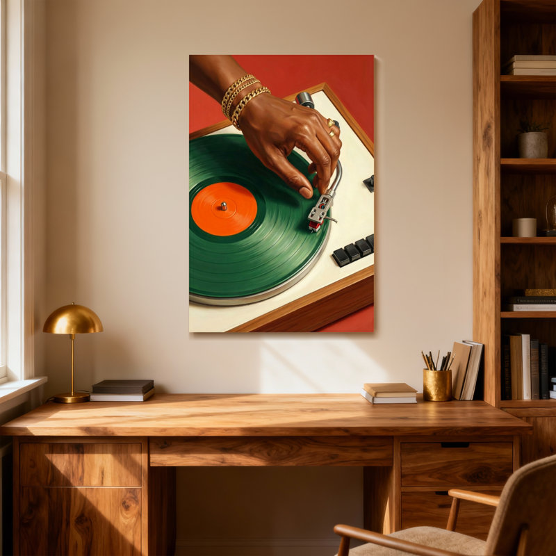 Aiguille de mode plaçant une aiguille sur un disque vinyle vert, H 24 po x l 36 po