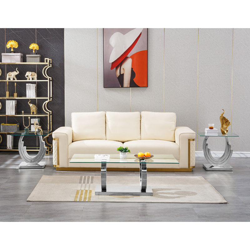 Ensemble de table basse en verre 3 pièces, ensemble de table de salon moderne avec 1 table basse et 2 tables de bout, ensemble de table basse et de table d'appoint en verre de luxe avec base en acier inoxydable en forme de 3C pour le bureau à domicile