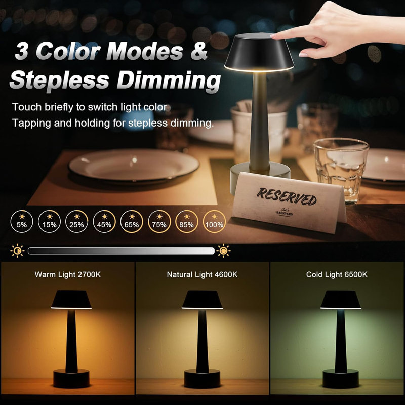 Portable Cordless 3-Way Dimmable Touch Table Lamps, Rechargeable Battery-Operated LED Metal Night Light [2 Pack]
